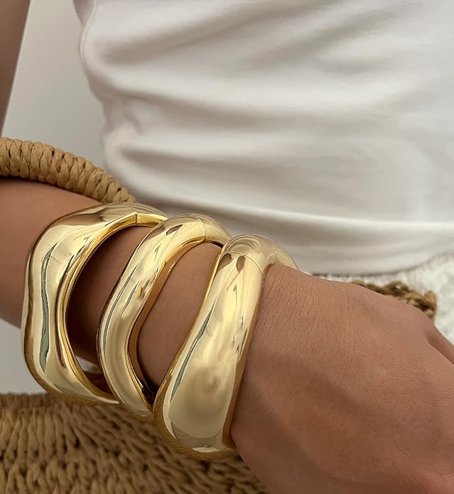 Chunky Gold Bangle Bracelets for Women, 14k Dainty Gold Cuff Stackable Bracelet Set, Trendy Bracelet Stack Fashion Jewelry Gifts