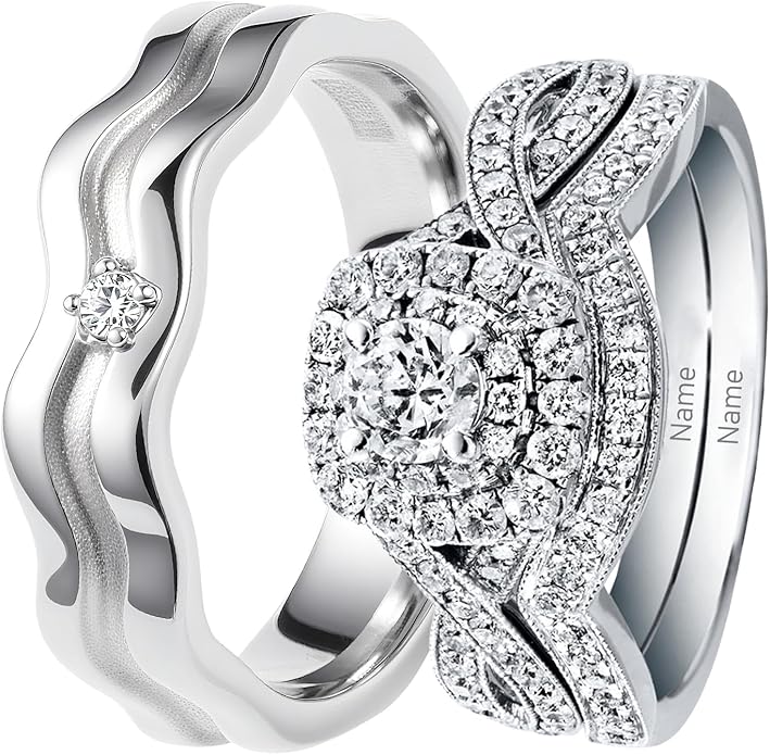 Rikelus Moissanite Engagement Ring Sets for Couples,10K 14K 18K Solid Gold Heart/Princess/Round Cut Bridal Ring Sets,Customized Matching Wedding Bands Set for Men and Women Free Engraving