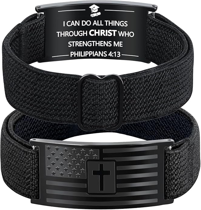 LDOWWGL Valentines Day Gifts - Mens Bracelet - American Flag Christian Cross Bracelet for Boys - Adjustable Black Elastic Stretch Strap with Bible Verse - Gift for Son Grandson