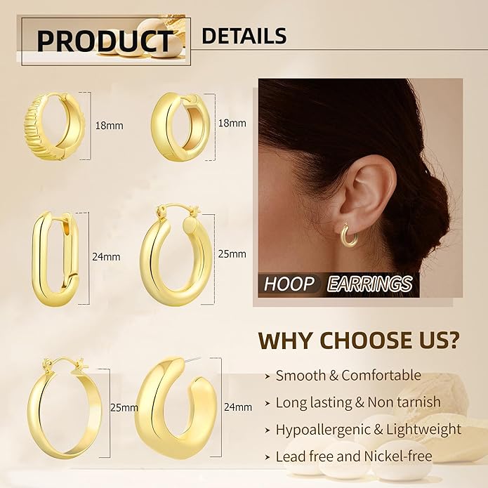 6 Pairs 14K Gold Plated Hoop Earrings for Women Trendy Chunky Lightweight Hoop Earrings Multipack Hypoallergenic, Thick Twisted Huggie Hoops Earring Set Jewelry for Gifts