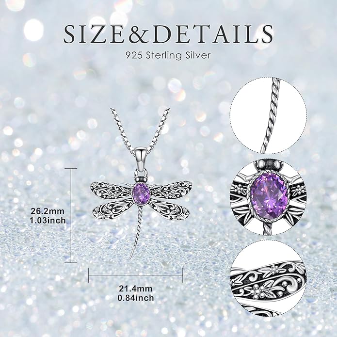 Vintage Dragonfly Necklace for Women 925 Sterling Silver, Oval Birthstone Dragonfly Pendant Boho Jewelry Birthday Gift for Her, Mom, Grandma