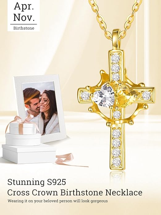 Zeuslia Double Birthstone Necklace Gifts for Wife - 925 Sterling Silver Sunflower/Rose/Crown Cross/Compass/Heart Pendant I Love You Necklace, Anniversary Birthday Gifts for Wife Girlfriend Mom Her