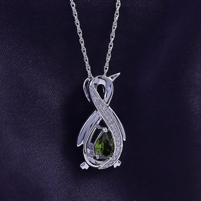 Infinity Penguin Pendant Necklace for Women, 14K Gold Over Sterling Silver with Pear & Round Cut Simulated Birthstone & White Diamond Accents, Dainty Animal Jewelry Gift with 18" Chain