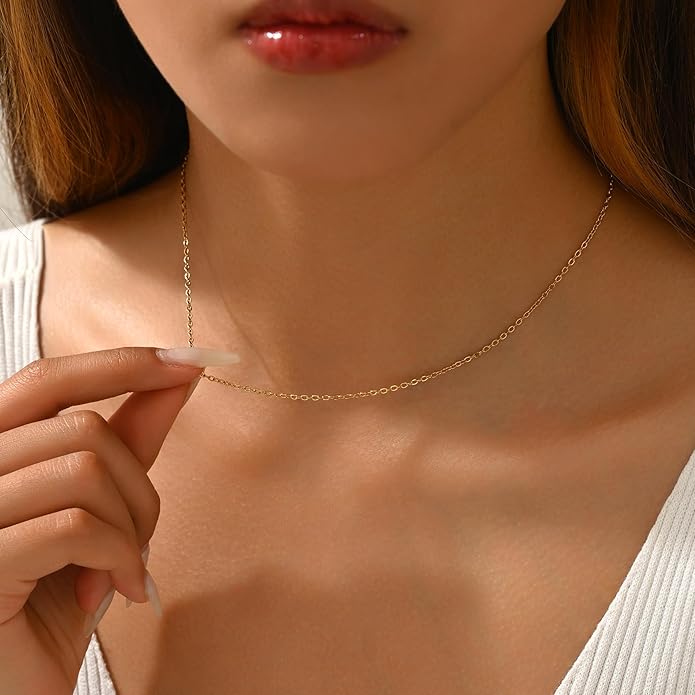 Dainty Chain Necklace for Women, 18K Gold Plated Coin Disc Choker Necklaces Simple Satellite Beaded Twisted Thin Paper Clip Chain Everyday Jewelry Gifts