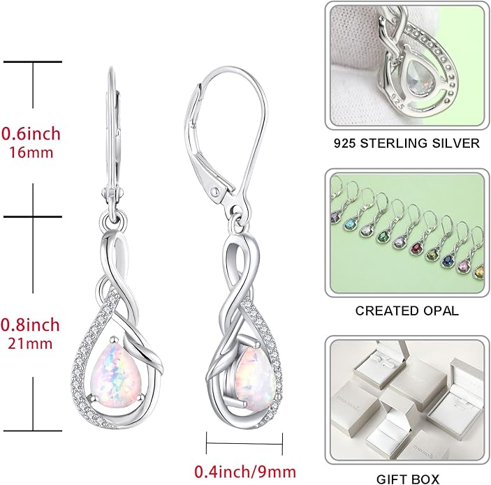 STARCHENIE 925 Sterling Silver Necklace Dangle Earrings for Women Infinity Twisted Teardrop Pendant Created Opal Jewelry Set