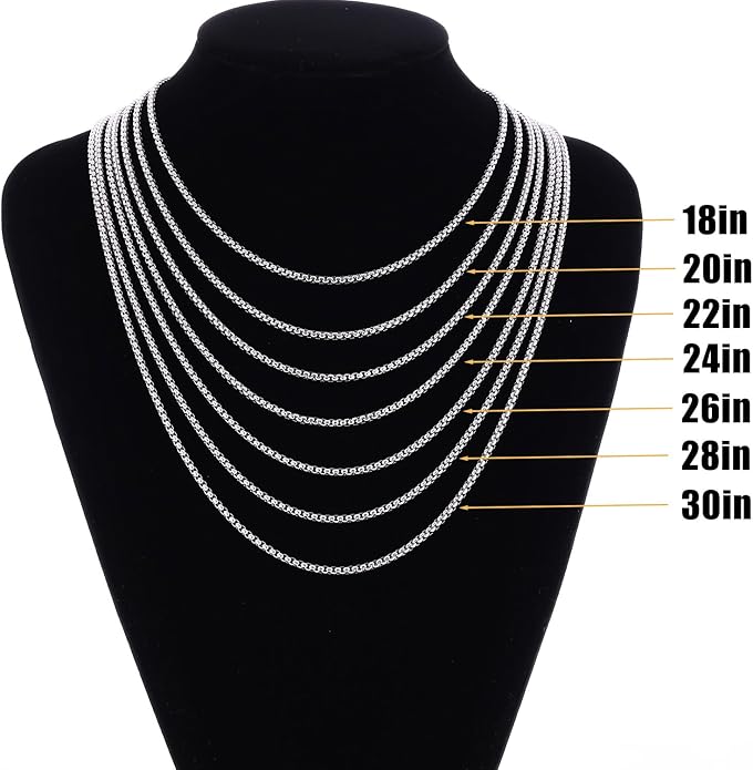 Fiusem Box Chain for Men, Silver Tone/14K Gold Plated/Black Stainless Steel Necklace for Men and Women, Width 2/2.5/3/4/5mm, Length 18-28 Inches