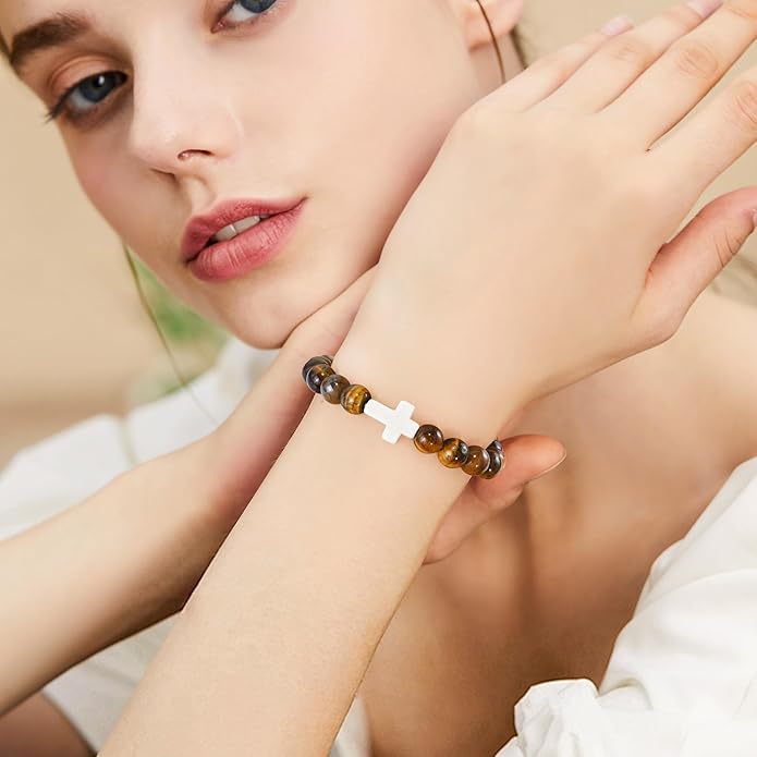 VIBILIA Cross Beaded Bracelets for Women, Inspirational Natural Heart Religious Bracelets for Women, Birthday Christian Gifts for Women on Thanksgiving Christmas Gifts