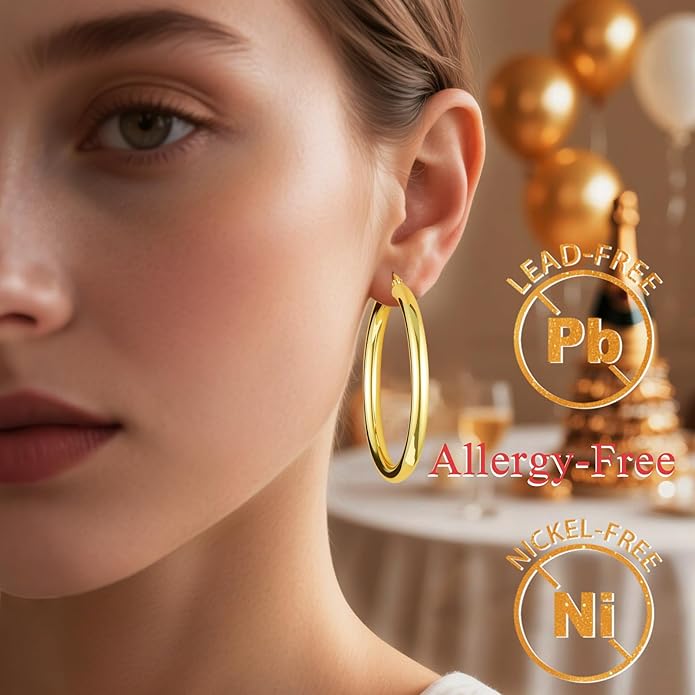 Hoop Earrings for Women, 18K Gold Plated Hoops Earrings, Hypoallergenic Lightweight Comfort Hollow Tube Hoops with Secure Push Lock, Chunky and Sleek Gold Hoops Large Earrings 20/30/40/50/60MM