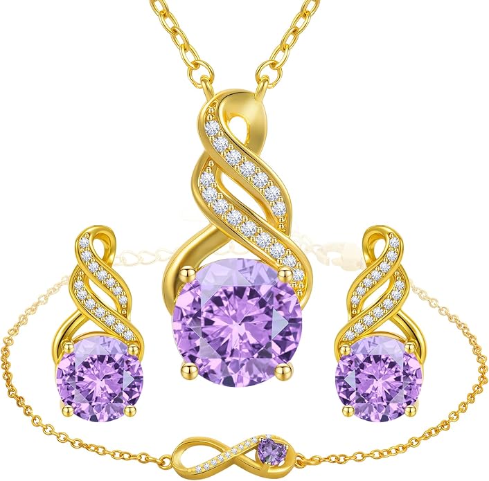 HNPHQT Jewelry Sets for Women-18K Gold Plated Dainty Birthstone Pendant,Trendy Necklace Earrings Infinity Bracelets Set,Ideal Jewelry Gifts for Her Mom