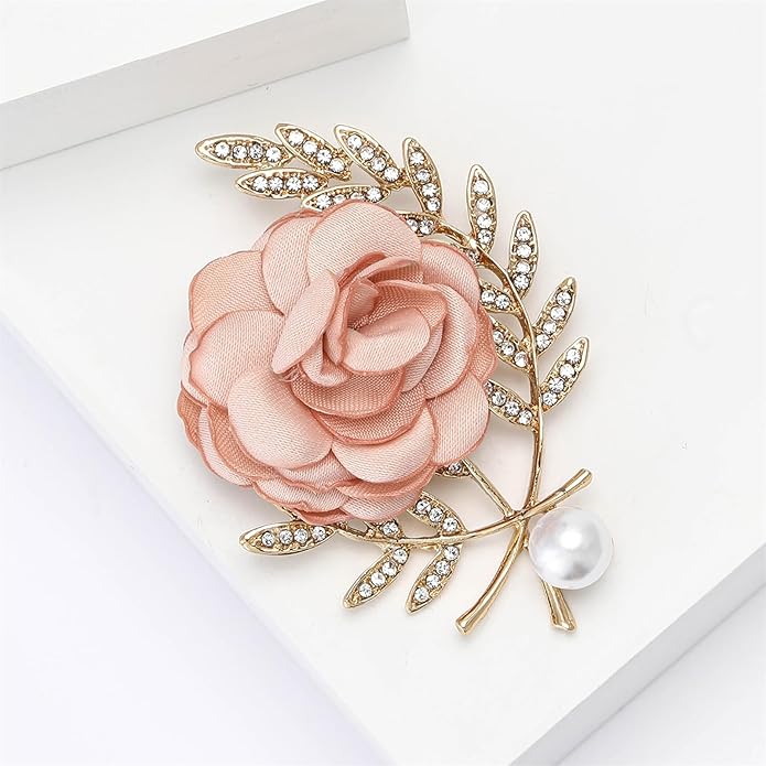 Dreuyet Rose Flower Brooch for Women Dainty Elegant Satin Fabric Flower Lapel Pins Vintage Pearl Camellia Crystal Pin Dress Suit Accessories Valentine's Day Wedding Bouquet Jewelry ﻿