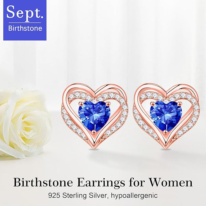 Iefil Birthstone Earrings for Women, 925 Sterling Silver Heart Stud Earrings Birthday Gifts for Women