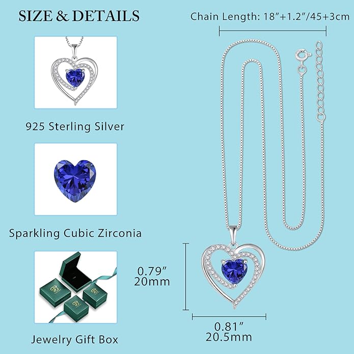 FJ Love Heart Necklace for Women 925 Sterling Silver Birthstone Pendant Anniversary Birthday Jewelry