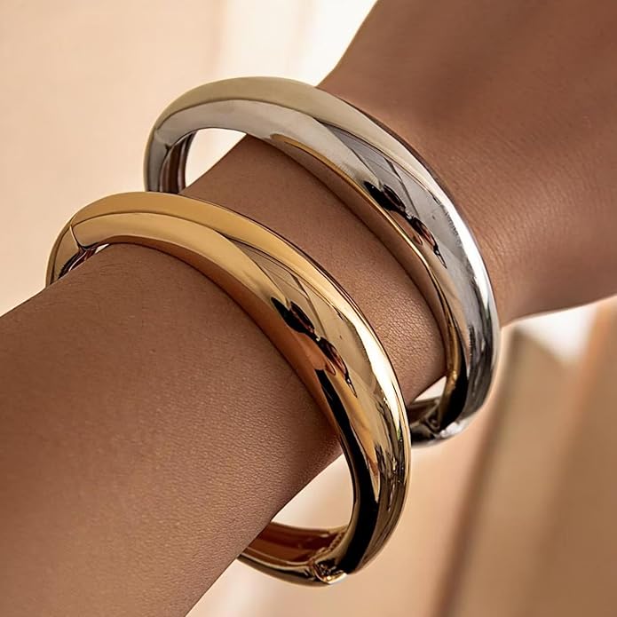 Gold Silver Bangles Bracelet for Women Trendy, 14K Gold Plated Dainty Thick Chunky Cuff Bracelet Stack