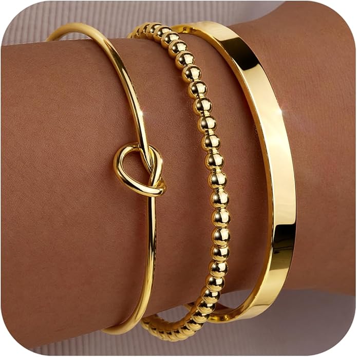 Silver Bracelets for Women Stack, Silver or Gold Plated Cuff Bangle Set, Trendy Silver Jewelry for Women Fashion