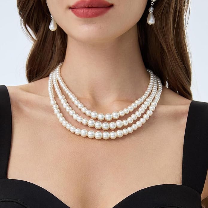 BABEYOND Round Imitation Pearl Necklace Vintage Multi Strands Necklace 20s Flapper Necklace for Party