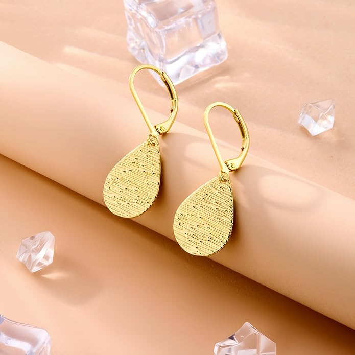 Sterling Silver Dangle Earrings for Women Trendy 14k Gold Dangle Drop Earrings Teardrop Hammered Leverback Earings for Women Jewelry Gifts