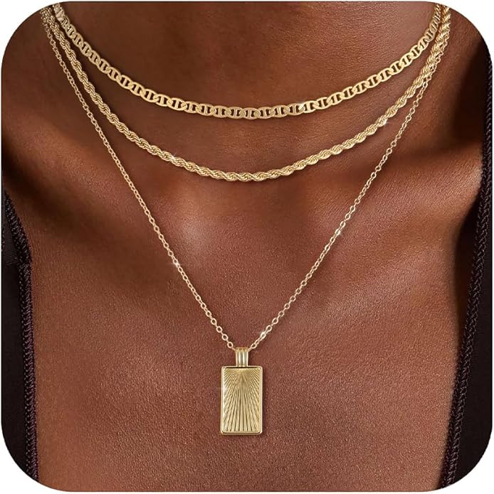 Layered Gold Silver Necklace for Women Non Tarnish,Dainty Choker Statement Chunky Necklace Stack Charm Pendant Chain Necklace Set 14K Gold Plated Long Stacked Womens Necklaces Trendy Jewelry Gift