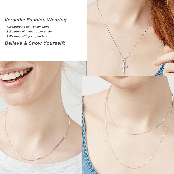 Solid Sterling Silver Necklace Box Chain 1mm,Sturdy Lobster Clasp,Classic and Premium Thin Box Chain Necklace 16-24 Inches