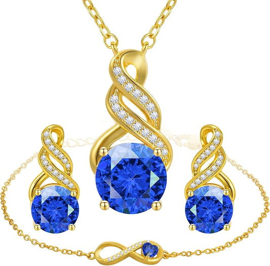 HNPHQT Jewelry Sets for Women-18K Gold Plated Dainty Birthstone Pendant,Trendy Necklace Earrings Infinity Bracelets Set,Ideal Jewelry Gifts for Her Mom