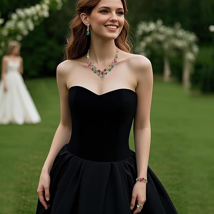 BriLove Wedding Bridal Jewelery for Women Austrian Crystal Teardrop Cluster Statement Necklace Dangle Earrings Link Bracelet Set