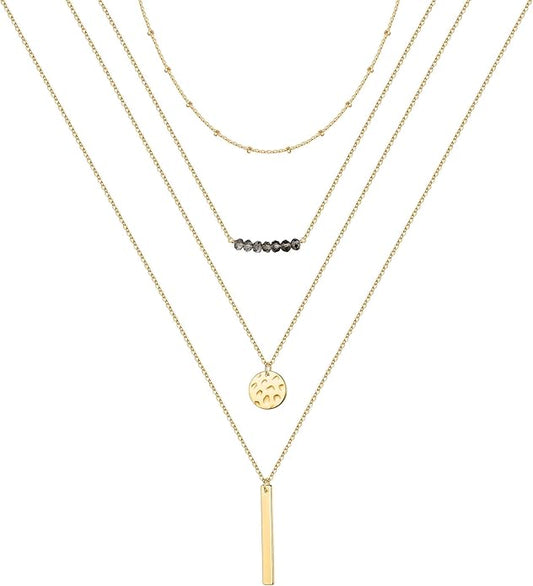 Turandoss Gold Layered Necklaces for Women - 14K Gold Plated Handmade Multilayer Bar Pearls Coin Disc Moon Butterfly Medallion Adjustable Dainty Layered Choker Necklaces for Women Jewelry