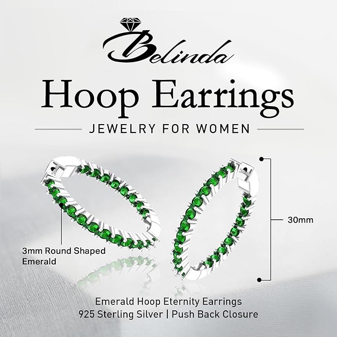 Hoop Earrings with 40 Colored Gemstones, Birthstone Earrings, 925 Sterling Silver Rhodium Plated, Push Back Closure, 1.18'