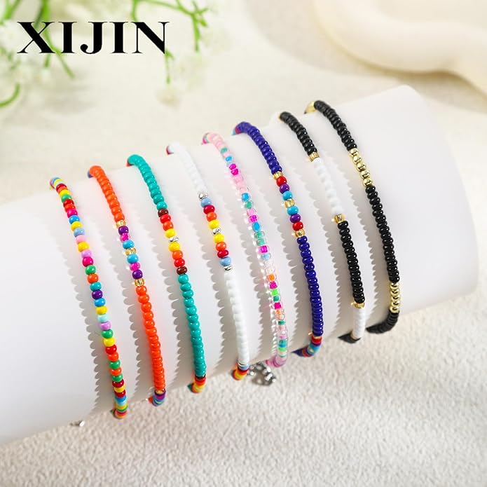 XIJIN 8Pcs Handmade Beaded Anklets for Women Boho Colorful Beads Ankle Bracelets Adjustable Foot Anklet Set