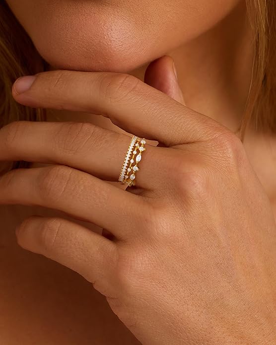 FUNEIA Stackable Silver Gold Rings for Women Non Tarnish 14K Gold Plated Thumb Cubic Zirconia Rings for Women Dainty Pinky Promise Wedding Ring Set Women's Engagement Eternity Band Rings Gold Jewelry