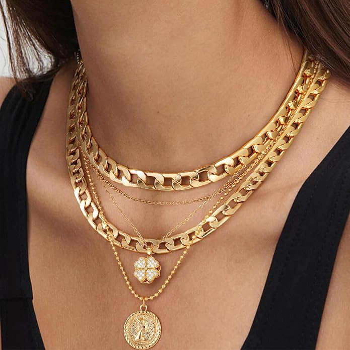 MJartoria Layered Necklaces for Women Trendy Retro Coin Pendant Necklace Dainty Chunky Chain Choker Necklaces for Jewelry Birthday Gifts