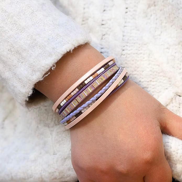 Fesciory Leather Wrap Bracelets for Women, Boho Leopard Multi-Layer Crystal Beads Cuff Bracelet Jewelry