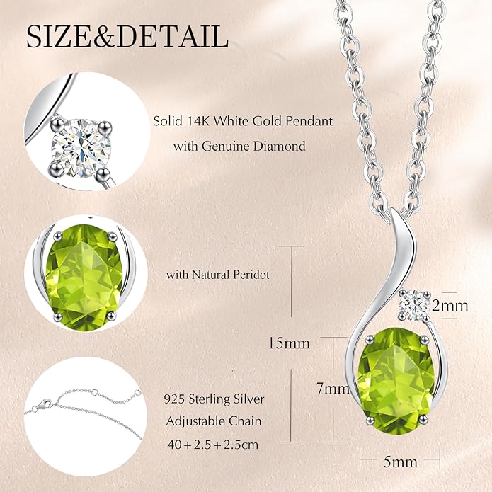 FANCIME 14K Solid White Gold Oval Gemstone Necklace with Diamond Pendant Gifts for Mom Women,16"+2" Inches