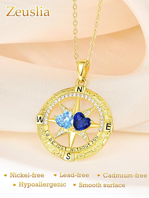 Zeuslia Double Birthstone Necklace Gifts for Wife - 925 Sterling Silver Sunflower/Rose/Crown Cross/Compass/Heart Pendant I Love You Necklace, Anniversary Birthday Gifts for Wife Girlfriend Mom Her
