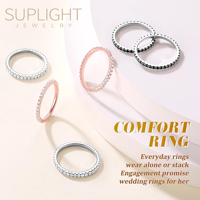Suplight 925 Sterling Silver Wedding Band Rings, Full Cubic Zirconia Wishbone Ring Love/Lucky Engagement Promise Rings For Women, Size 4-12 (with Gift Box)