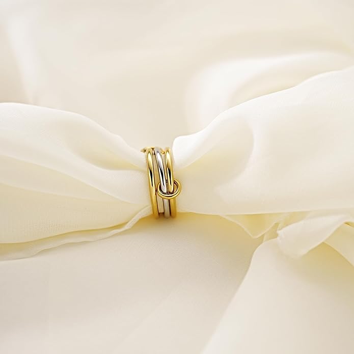 AllenCOCO 14K Gold Plated Stackable Rings, 3 Ring Set with CZ Cubic Zirconia, Gold & Silver Stacked, Multi-Link Connected Interlocking Band for Women Statement Hypoallergenic Upgraded Craft