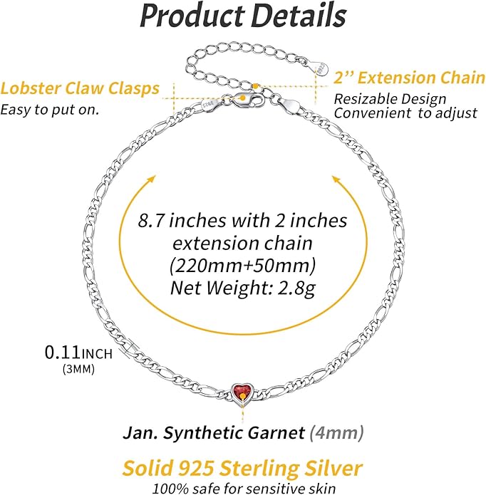 ChicSilver Sterling Silver Anklets Bracelets for Women, Figaro Chain Heart/Round Birthstone Anklet for Women Waterproof, Dainty Herringbone Ankle Bracelet Summer Beach jewelry