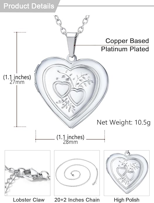 U7 Women Locket Necklace Platinum 14K Gold Photo Lockets that Hold Picture,Chain 20 Inch Personalized Gift Custom Love Heart Image Necklaces