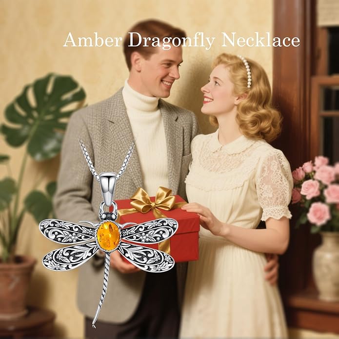 Vintage Dragonfly Necklace, 925 Sterling Silver Natural Amber Pendant, Boho Jewelry Unique Gift for Women