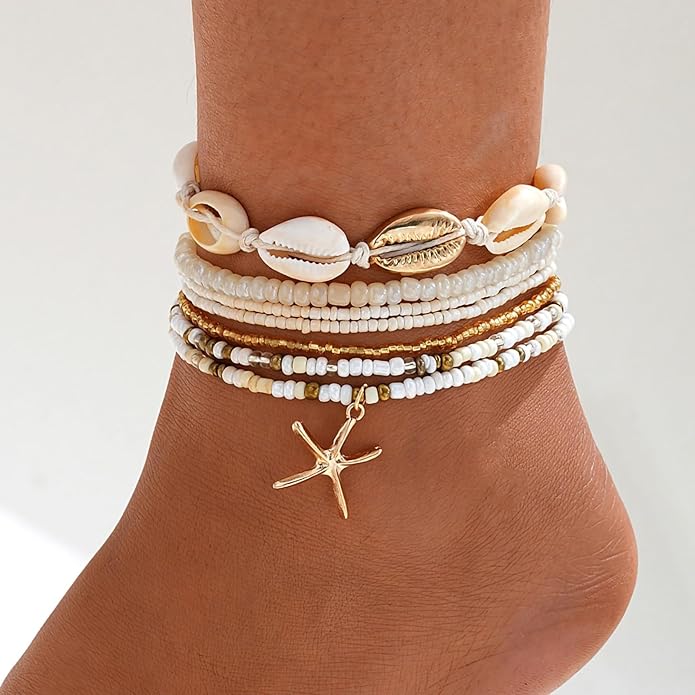 Shell Ankle Bracelet Set for Women, Gold Plated Boho Bead Adjustable Anklet, Hawaiian Beach Seashell Pearl Heart Starfish Conch Foot Jewelry Gifts