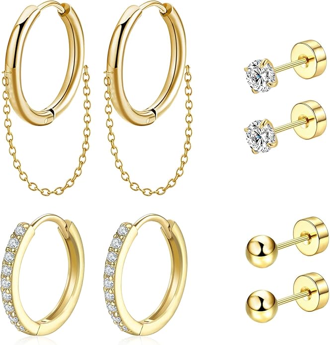 Gold Hoop Earrings for Women - 4 Pairs 14K Gold Plated Dainty Huggie Stacks Set for Multiple Piercing, Hypoallergenic Cartilage Earrings CZ Trendy Fashion Jewelry