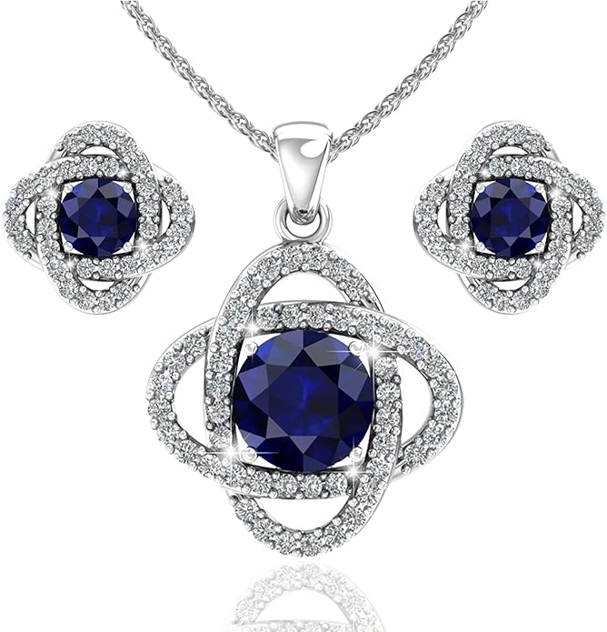 Women 925 Sterling Silver Cute Love Knot Sparkling Gemstone Push Back Stud Earrings Hanging Pendant Necklace Beautiful Fine Jewelry Accessory Set, 1.65 Carat