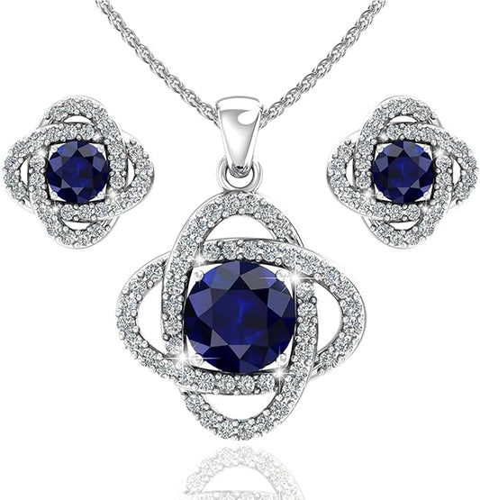 Women 925 Sterling Silver Cute Love Knot Sparkling Gemstone Push Back Stud Earrings Hanging Pendant Necklace Beautiful Fine Jewelry Accessory Set, 1.65 Carat