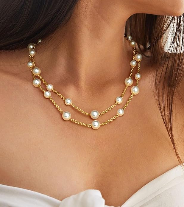 Gold Pearl Necklace for Women, Chunky 18K Gold Plated Layered Choker Chain - Double Layered Pearl Necklace, Trendy Gold Jewelry Birthday Gifts
