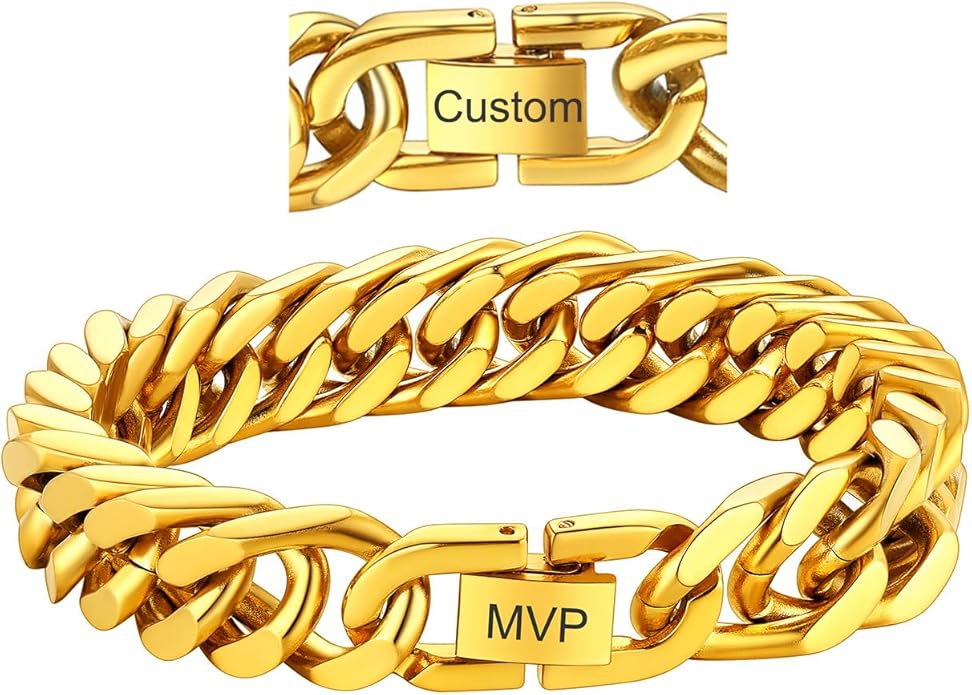 ChainsHouse Stainless Steel Cuban Link Bracelet, 8mm/12mm/17mm Width, 7.5"/8.3"/9", 18K Gold Plated Chain Wrist Bracelets for Men Women, Send Gift Box