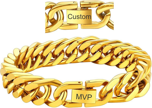 ChainsHouse Stainless Steel Cuban Link Bracelet, 8mm/12mm/17mm Width, 7.5"/8.3"/9", 18K Gold Plated Chain Wrist Bracelets for Men Women, Send Gift Box