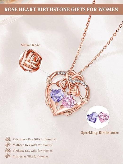 Rose Gold Necklaces for Women Double Birthstone Rose Flower Heart Pendant Necklace Jewelry Anniversary Christmas Valentine's Mother's Day Birthday Gift for Wife Mom Her Girlfriend Sister