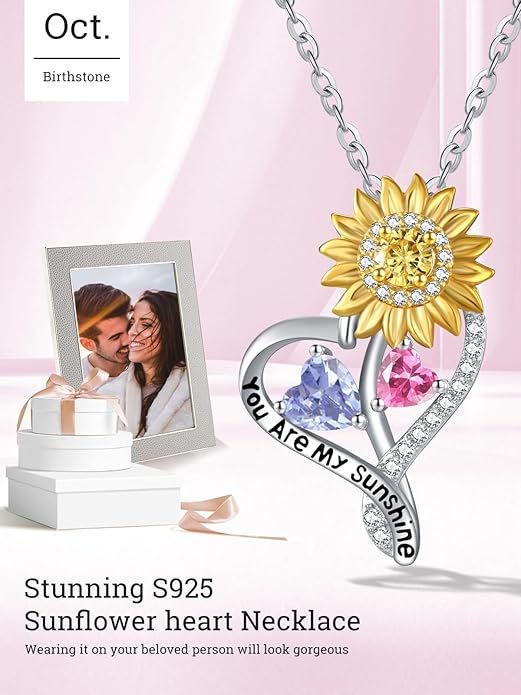 Zeuslia Double Birthstone Necklace Gifts for Wife - 925 Sterling Silver Sunflower/Rose/Crown Cross/Compass/Heart Pendant I Love You Necklace, Anniversary Birthday Gifts for Wife Girlfriend Mom Her