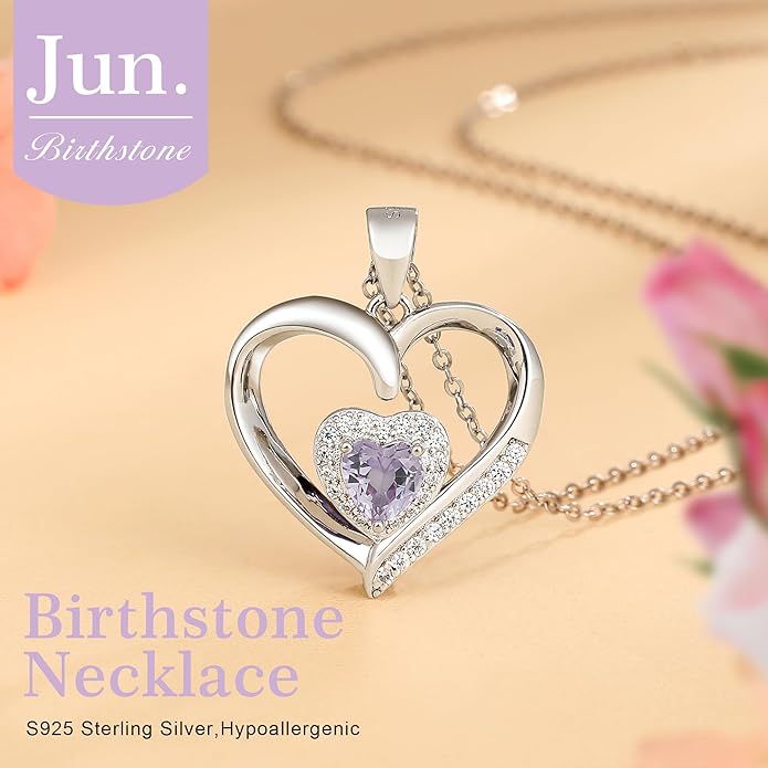 GLIVEOR Heart Birthstone Necklace for Women,S925 Sterling Silver Necklace Birthstone Necklace Heart Necklace for Women Birthday Jewelry Gifts for Women
