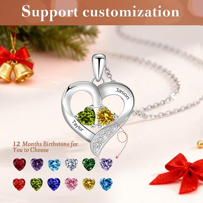 JOBFLY S925 Sterling Silver Customized 2 Birthstone Heart Necklace with 2 Name Engraved Personalized Mother Daughter Necklace Couple Jewelry Christmas Birthday Gift