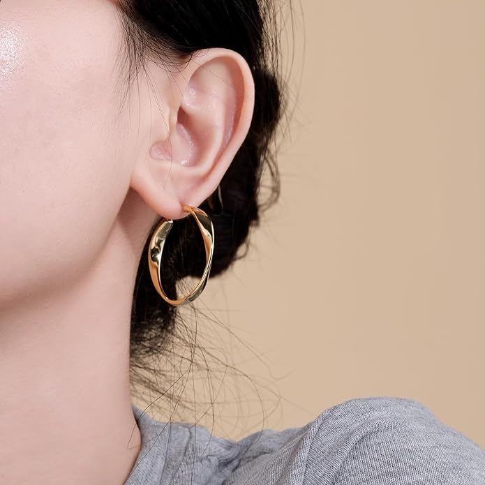 14K Gold Twisted Hoop Earrings for Women Thick Wave Gold Hoops Lightweight Hypoallergenic Elegant Jewelry 25/30MM