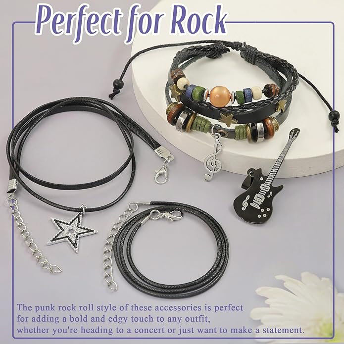 Multilayer Y2k Star Necklace Fairy Grunge Bracelets Set Handmade Fairycore Grunge Jewelry Gothic Swirl Star Necklace Punk Rock Roll Music Guitar Grunge Accessories for Women Men
